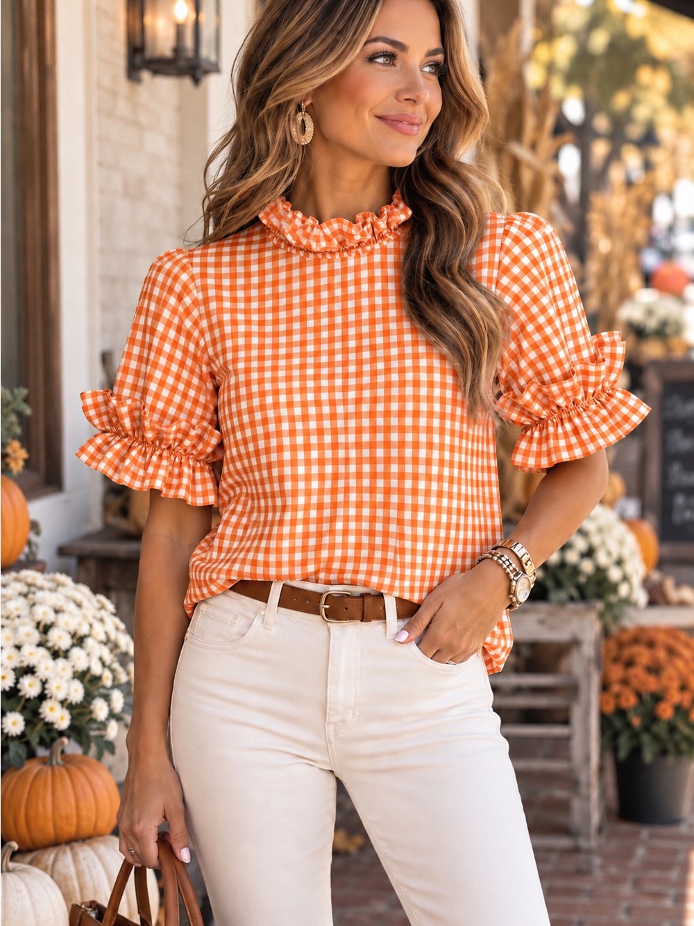 Elizabeth Wilson XL Orange Gingham Ruffle Blouse High Neck Statement Sleeve Top
